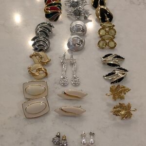 Lot Of 13 Pairs Earrings, Gold and Silver Hoop and Drop Earrings Collection